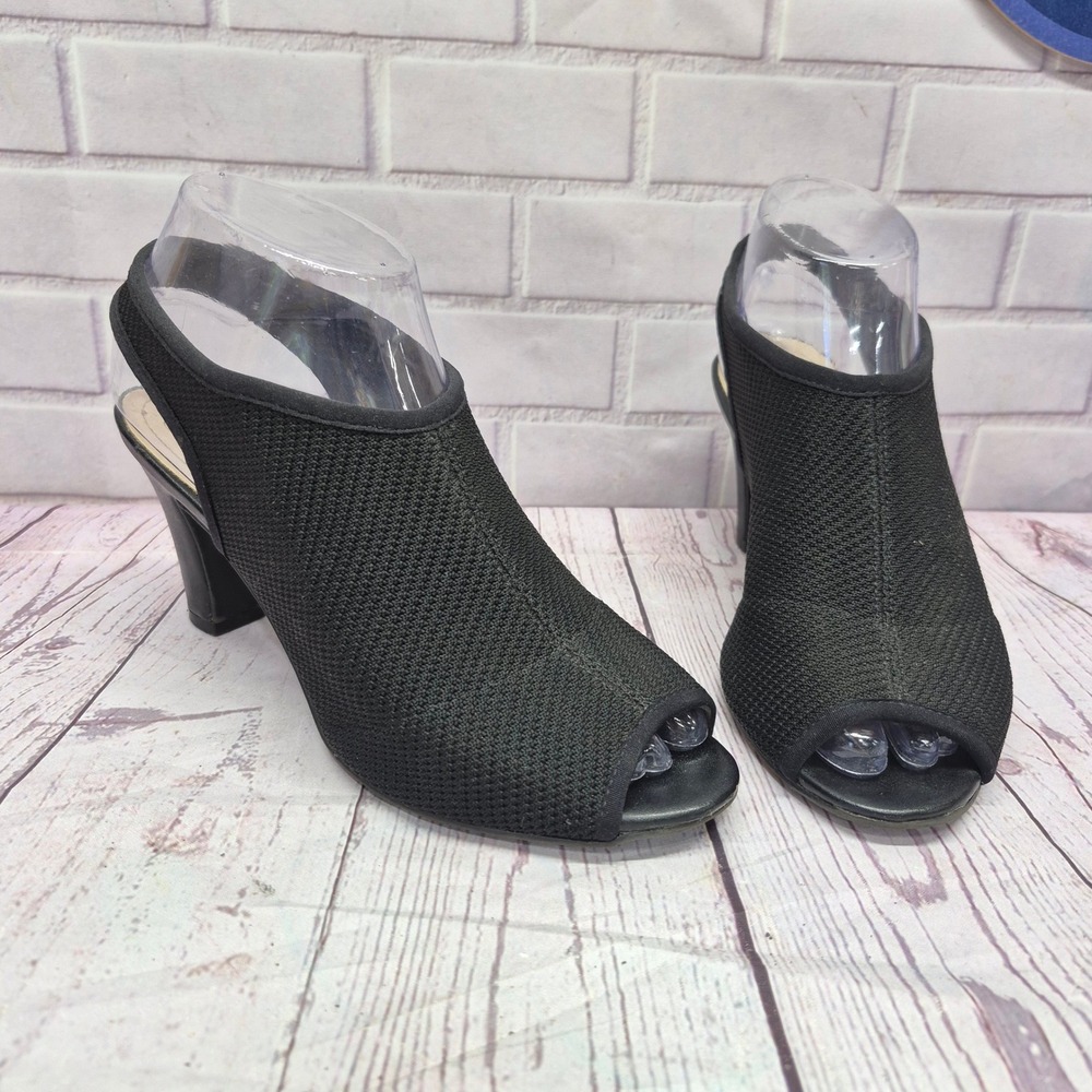 LifeStride Soft System Black Knit Peep Toe Slingback Block Heels Sandals